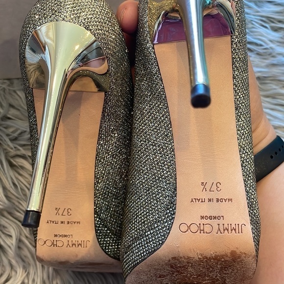 Jimmy Choo Luna 100 Platform Peep Toe Pumps | Metallic Bronze Lamè Glitter 37.5 - Picture 9 of 16